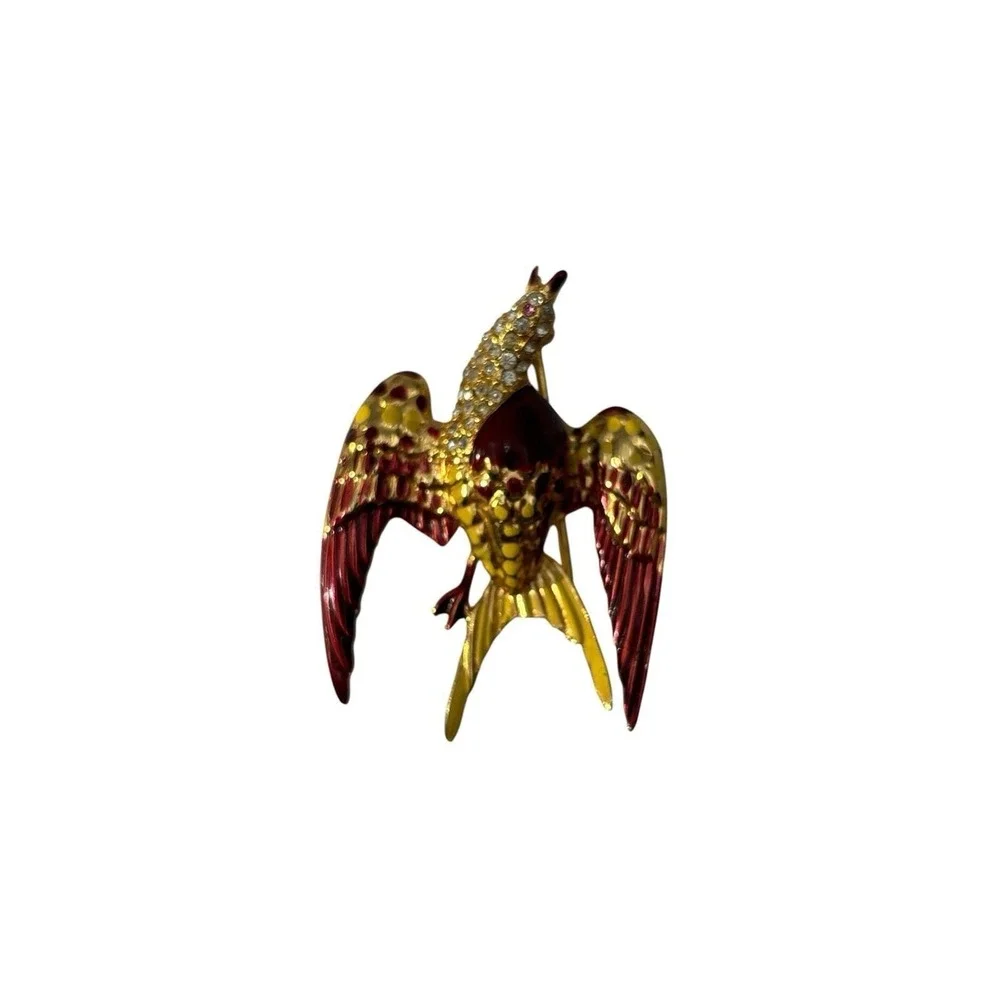 Vintage Gold Tone Red and Yellow Enamel Rhinestone‎ Fire Bird Brooch Pin